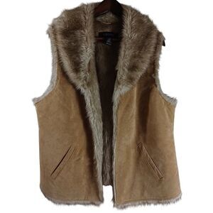 Lane Bryant Women's Brown Genuine Suede Leather Faux Fur Warm Vest Size 14-16